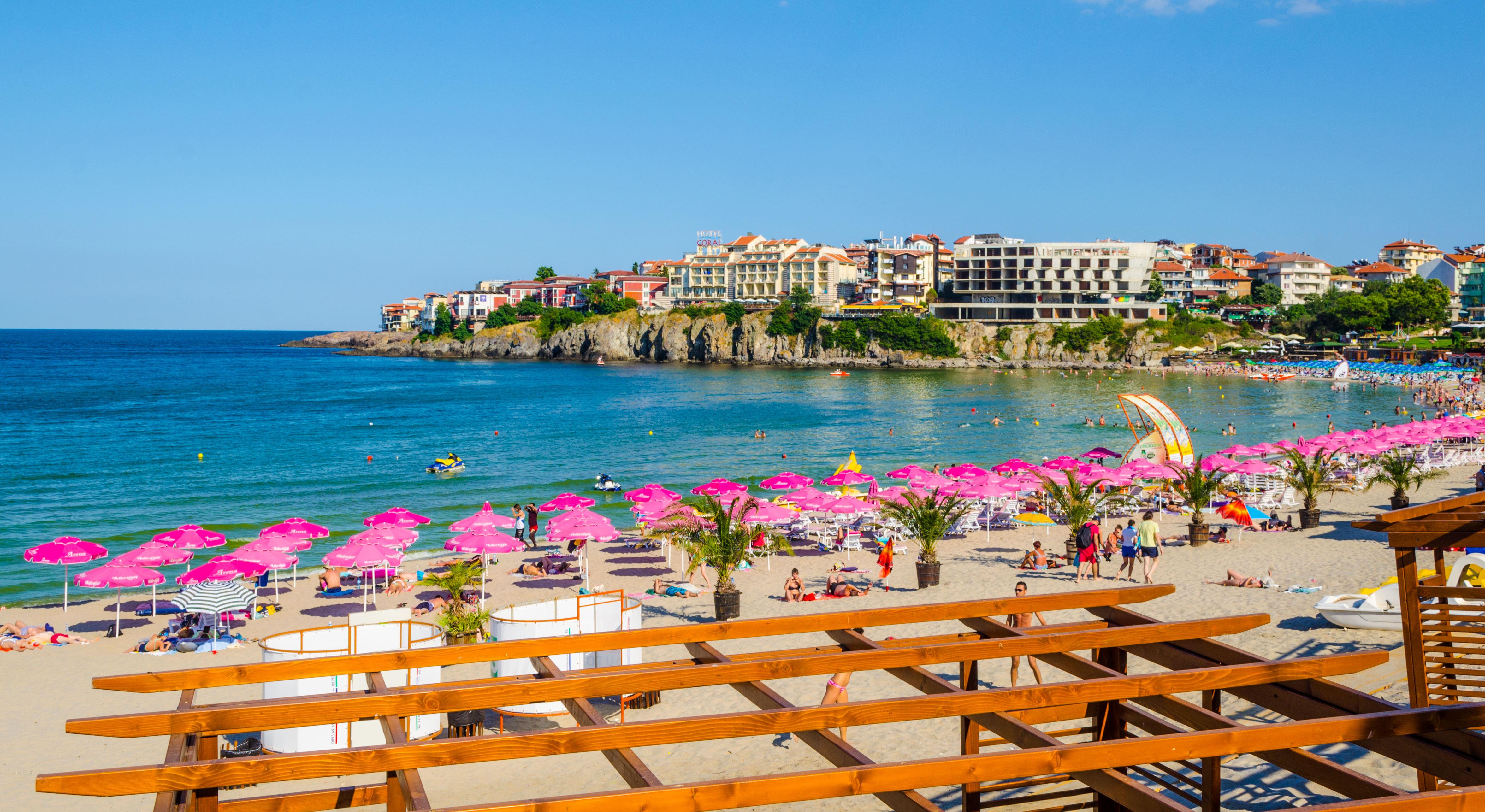 SOZOPOL, BULGARIA, JULY 17, 2015: Central beach and view of the Old Town. Sozopol was founded in the 7th century BC by Greek colonists. Today it is one of the major seaside resorts in the country