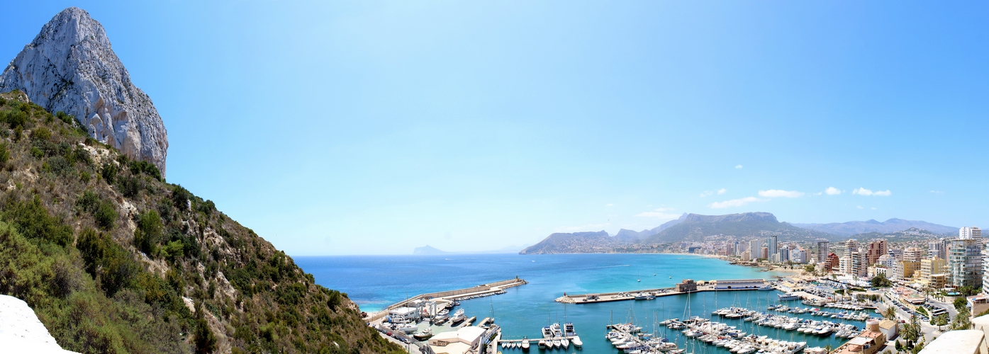 Panoramic view over Calp beach and famous Natural Park of PeÃ±Ã³n de Ifach (Spain).